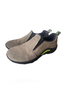 Merrell Kids Slip-On Suede Sneakers in Taupe with Black and Lime Accents